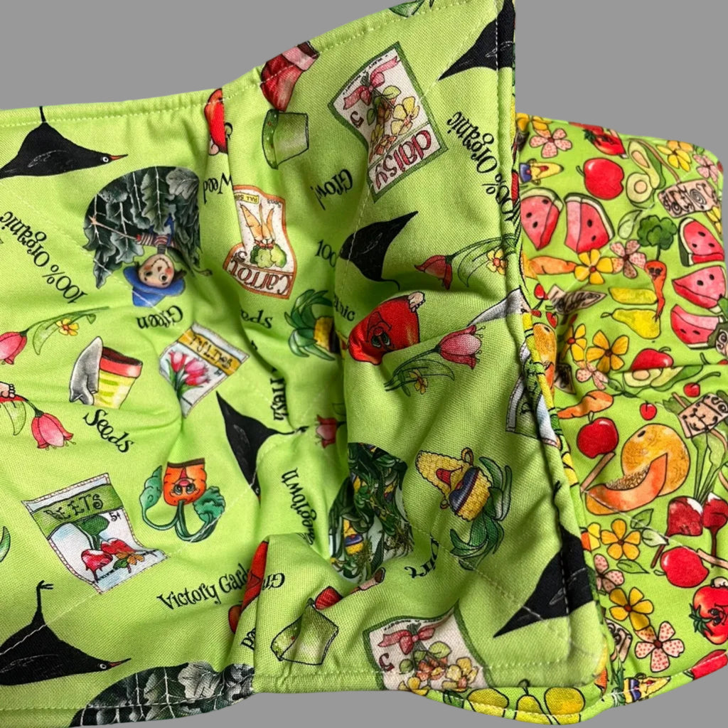 Handmade Bowl cozy, modern vegetable print on green background.