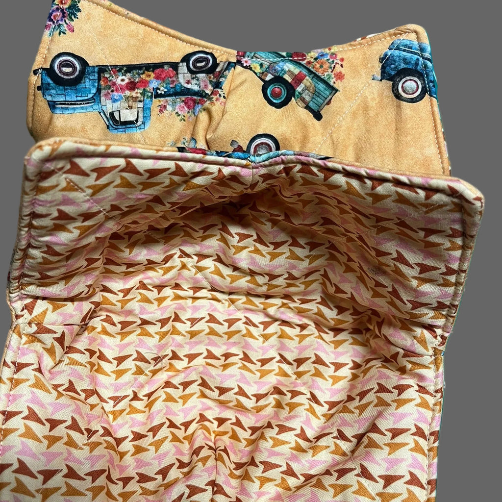 Handmade bowl cozy, pastel colored old truck on pale yellow background print fabric.