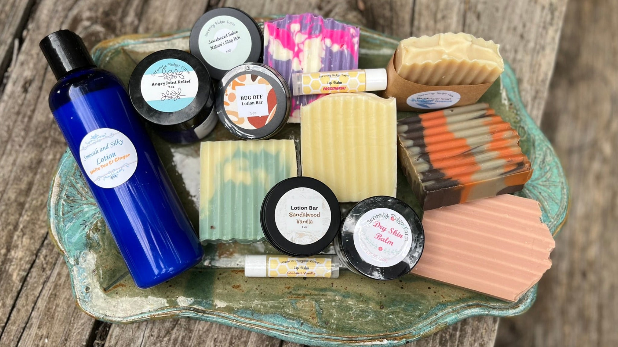 A curated set of handmade skincare items on a ceramic plate.